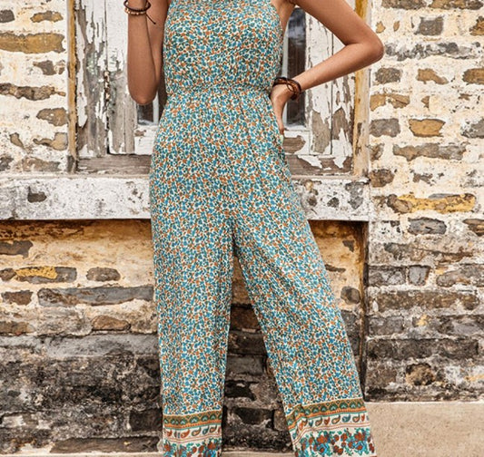 bohemian spaghetti strap low back jumpsuit