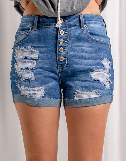 distressed button fly striped lining denim shorts