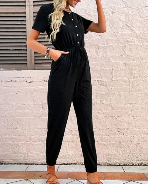 button front short sleeve jogger jumpsuit