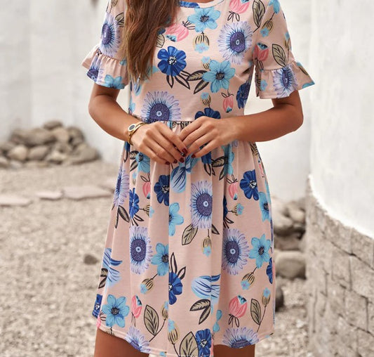 ruffled short sleeve floral dress