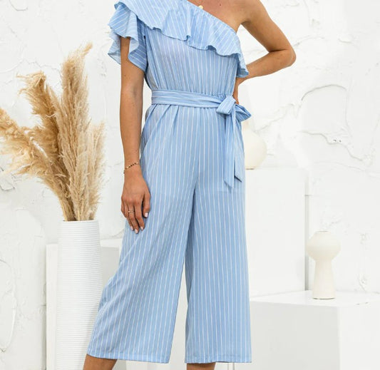 asymmetric neck ruffle trim striped jumpsuit