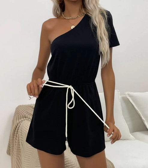 one shoulder drawstring romper