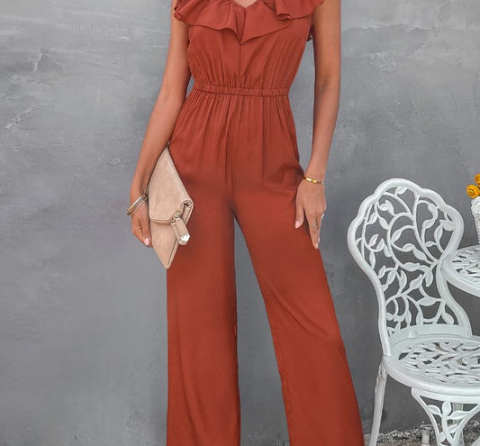 ruffle trim tie back wide leg jumpsuit