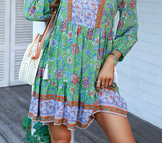 bohemian tassel tie tiered dress