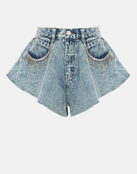 rhinestone fringe detail denim shorts