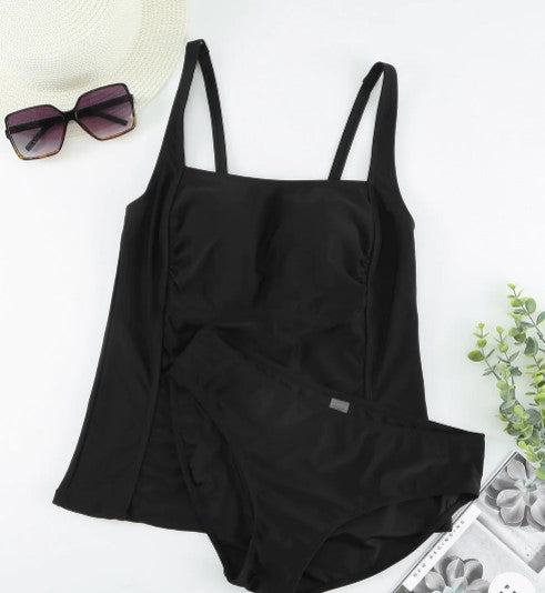 gathered detail square neck tankini set